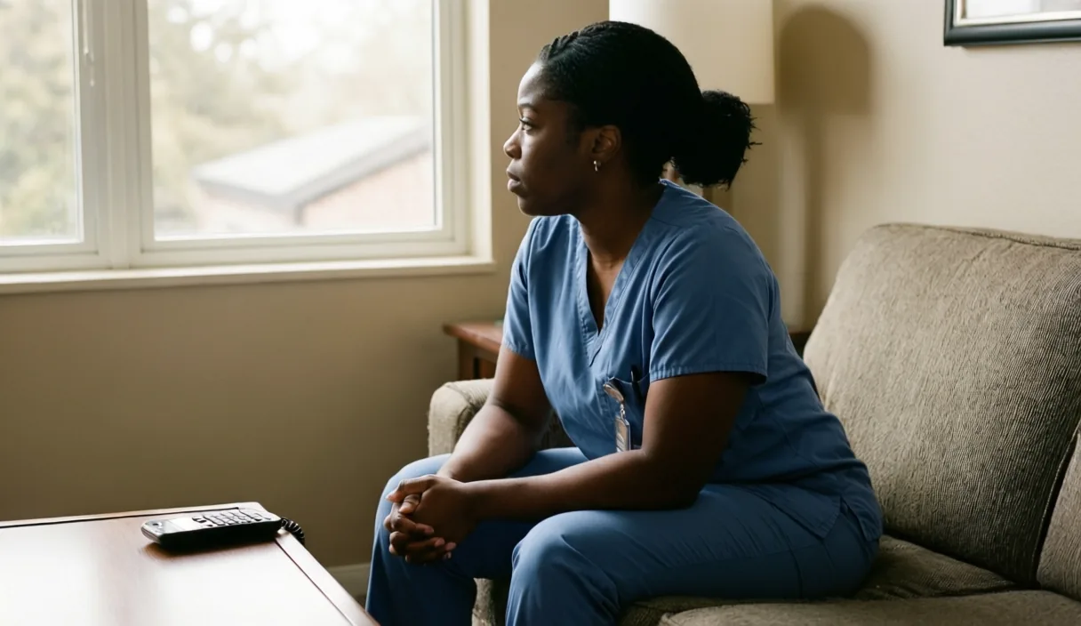 Caregiver sitting on a sofa waiting, her phone face down beside her