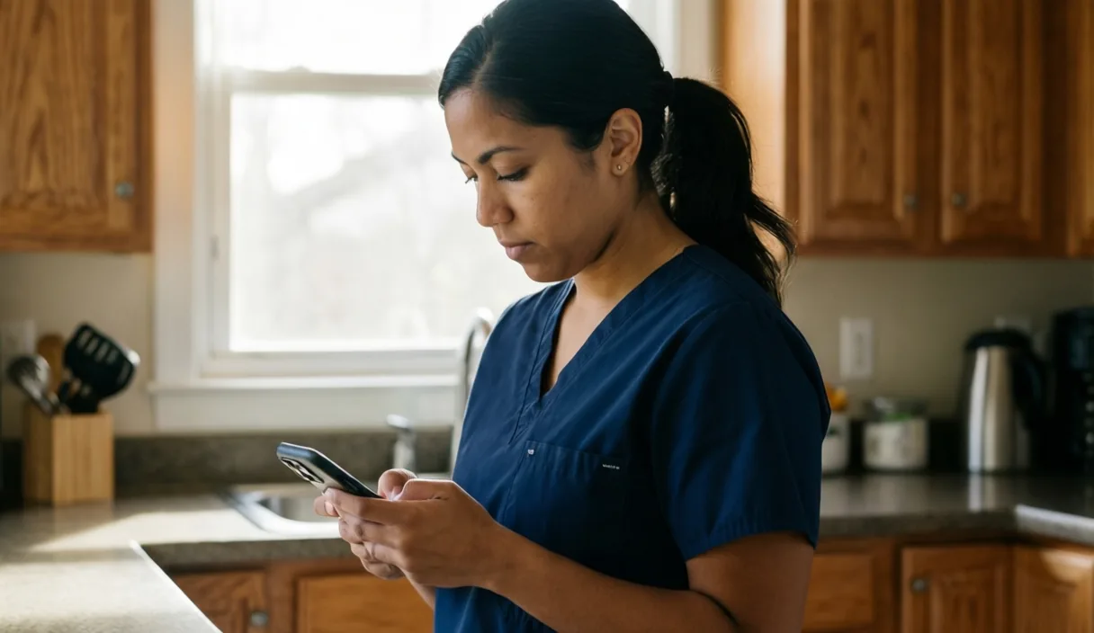 Caregiver looking at her phone in a home kitchen