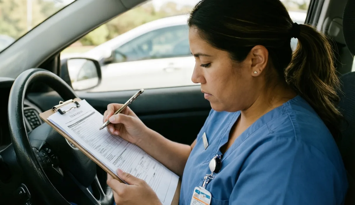 Caregiver filling in a job application in her parked car