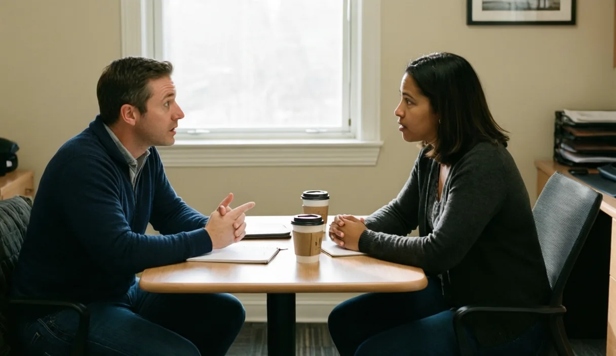 Two people talking across a table in a small office during a vendor meeting