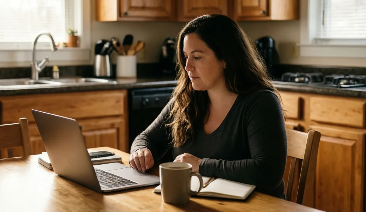Caregiver searching for jobs on a laptop at her kitchen table