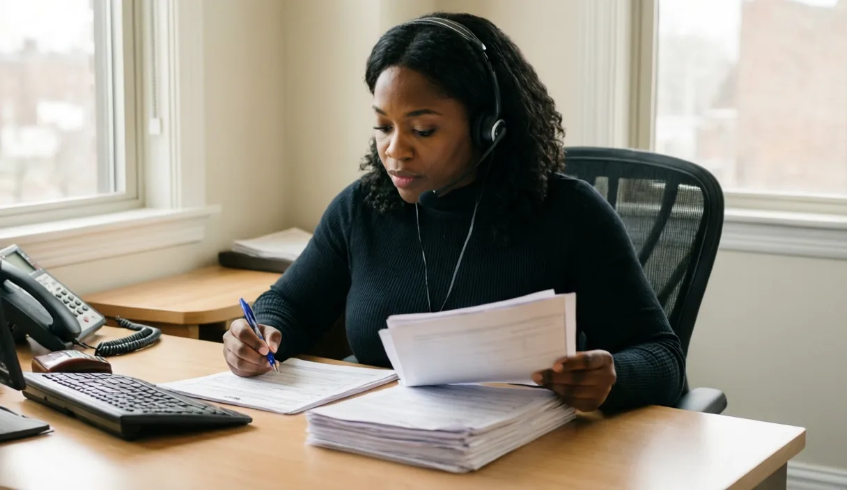 Home care recruiter at her desk working through a stack of caregiver applications