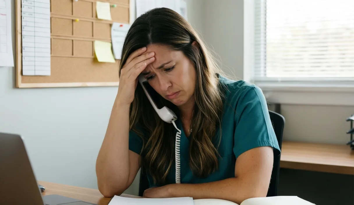 Home care agency owner on the phone looking discouraged beside a scheduling board